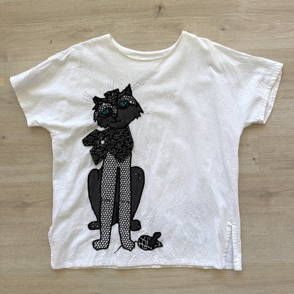Vintage White Tunic with Black Cat Graphic and Teal Accents